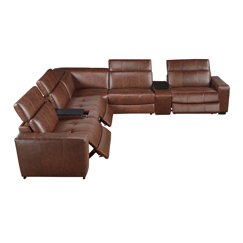 Lexicon Sutton Leather 7-Piece Modular Power Reclining Sectional in Brown
