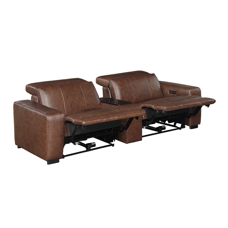 Lexicon Sutton Leather Pwr Dbl Reclining Love Seat with Center Console in Brown