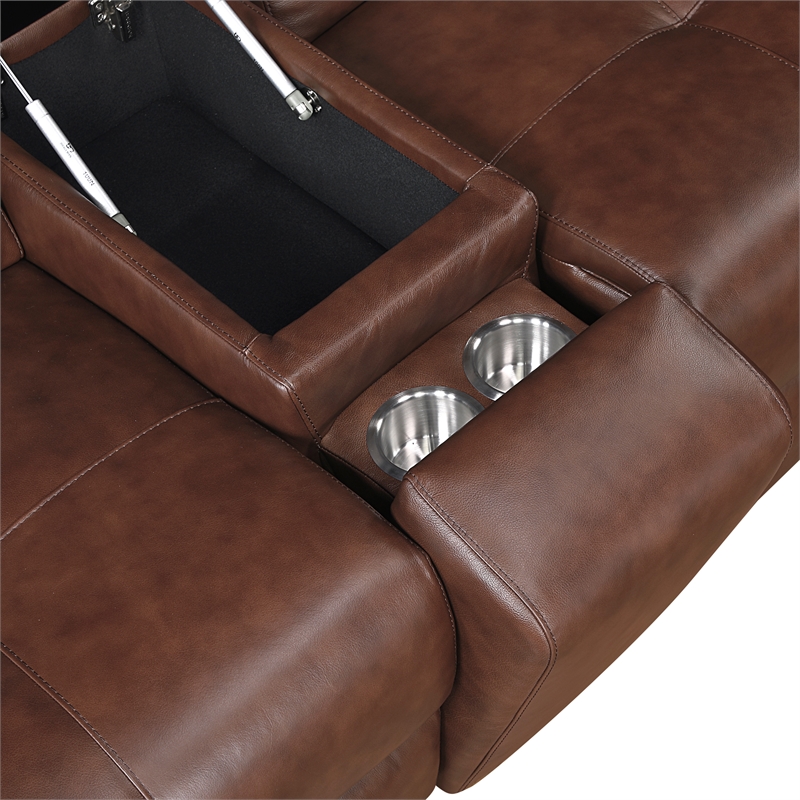 Lexicon Sutton Leather Pwr Dbl Reclining Love Seat with Center Console in Brown
