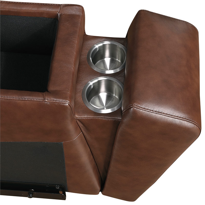 Lexicon Sutton Leather Pwr Dbl Reclining Love Seat with Center Console in Brown