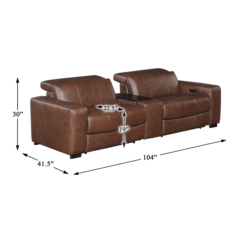 Lexicon Sutton Leather Pwr Dbl Reclining Love Seat with Center Console in Brown