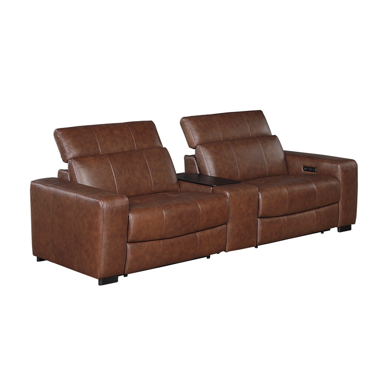 Lexicon Sutton Leather Pwr Dbl Reclining Love Seat with Center Console in Brown