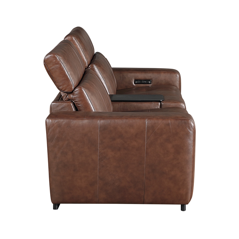 Lexicon Sutton Leather Pwr Dbl Reclining Love Seat with Center Console in Brown