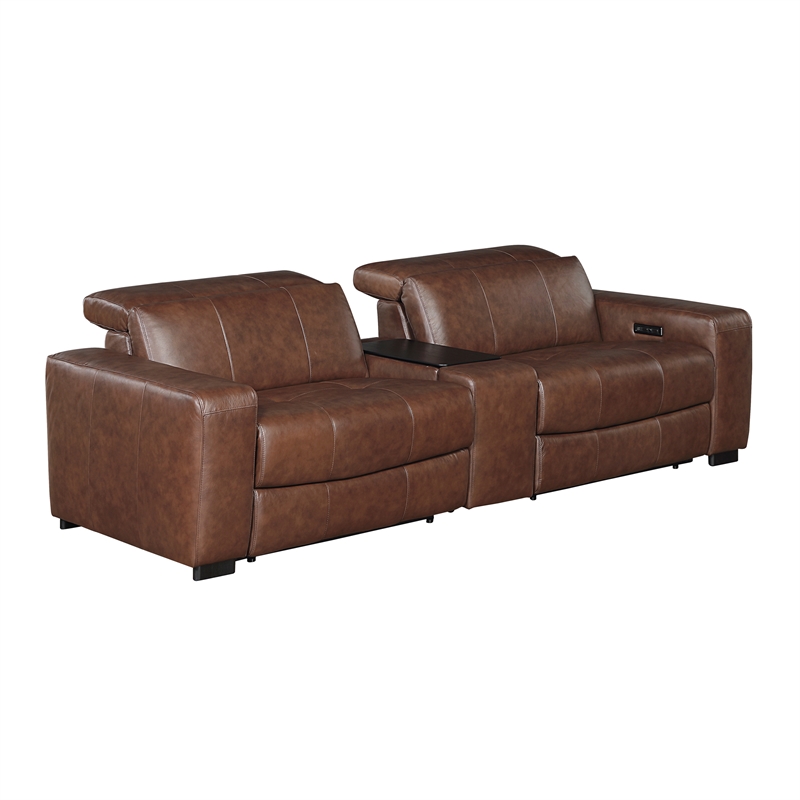 Lexicon Sutton Leather Pwr Dbl Reclining Love Seat with Center Console in Brown