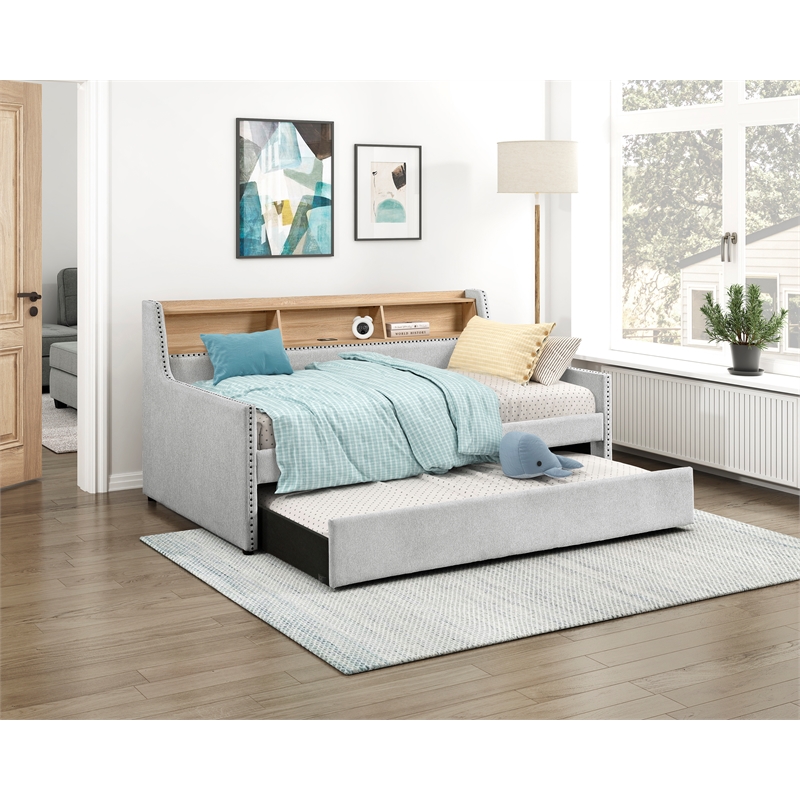 Lexicon Baxter Textured Fabric Daybed with Trundle in Light Gray