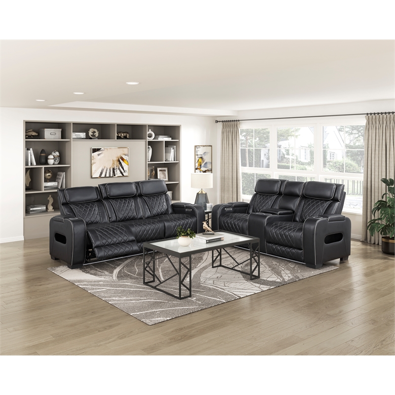 Lexicon Fairway Faux Leather Power Double Reclining Love Seat in Black