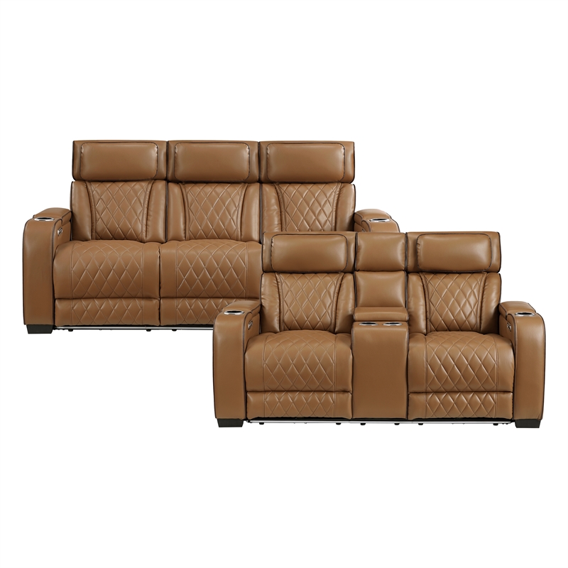 Lexicon Fairway Faux Leather Power Double Reclining Love Seat in Brown