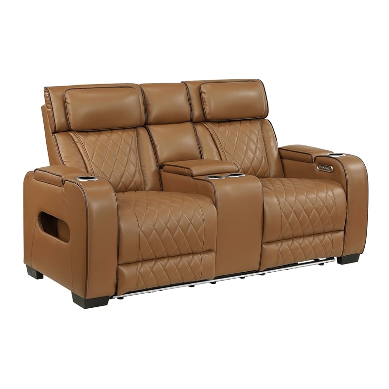 Lexicon Fairway Faux Leather Power Double Reclining Love Seat in Brown