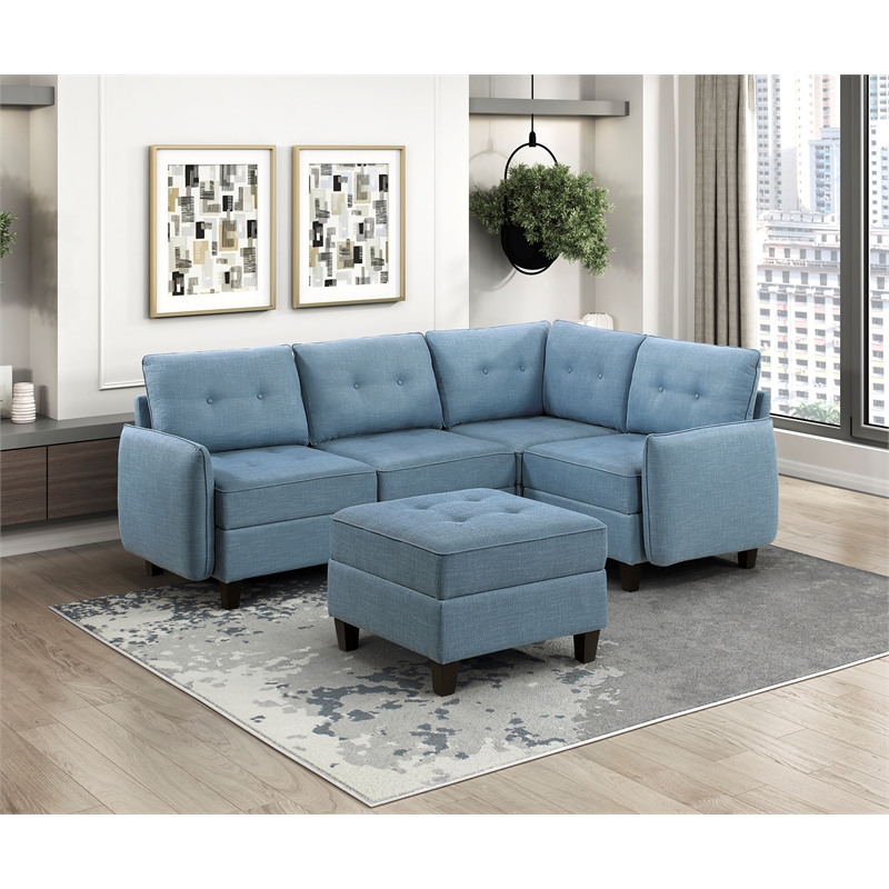 Lexicon Garren Textured 5-Piece Sectional with Storage and Ottoman in Blue