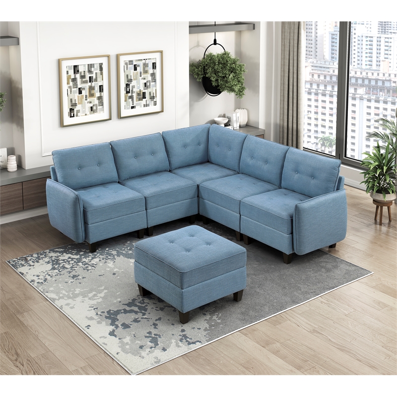 Lexicon Garren Textured 6-Piece Sectional with Storage and Ottoman in Blue