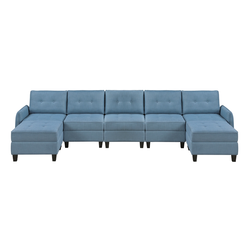 Lexicon Garren Textured 7-Piece Sectional with Storage and Two Ottomans in Blue