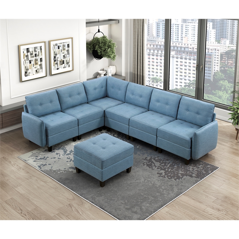Lexicon Garren Textured 7-Piece Sectional with Storage and Ottoman in Blue