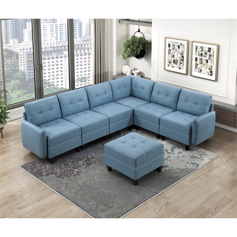 Lexicon Garren Textured 7-Piece Sectional with Storage and Ottoman in Blue