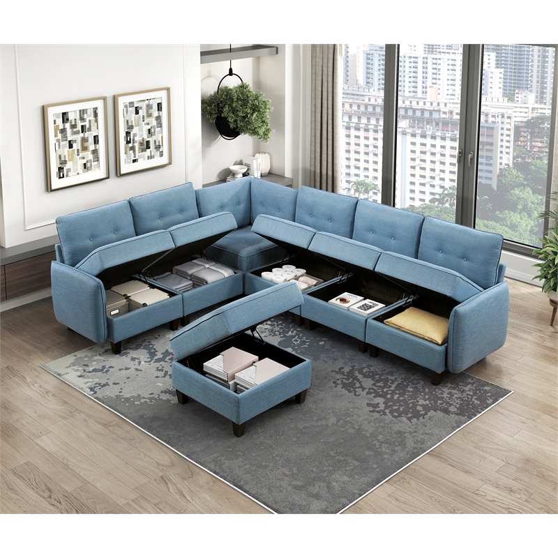 Lexicon Garren Textured 7-Piece Sectional with Storage and Ottoman in Blue