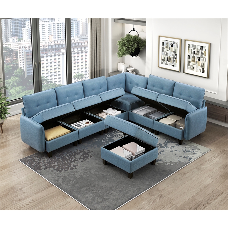 Lexicon Garren Textured 7-Piece Sectional with Storage and Ottoman in Blue