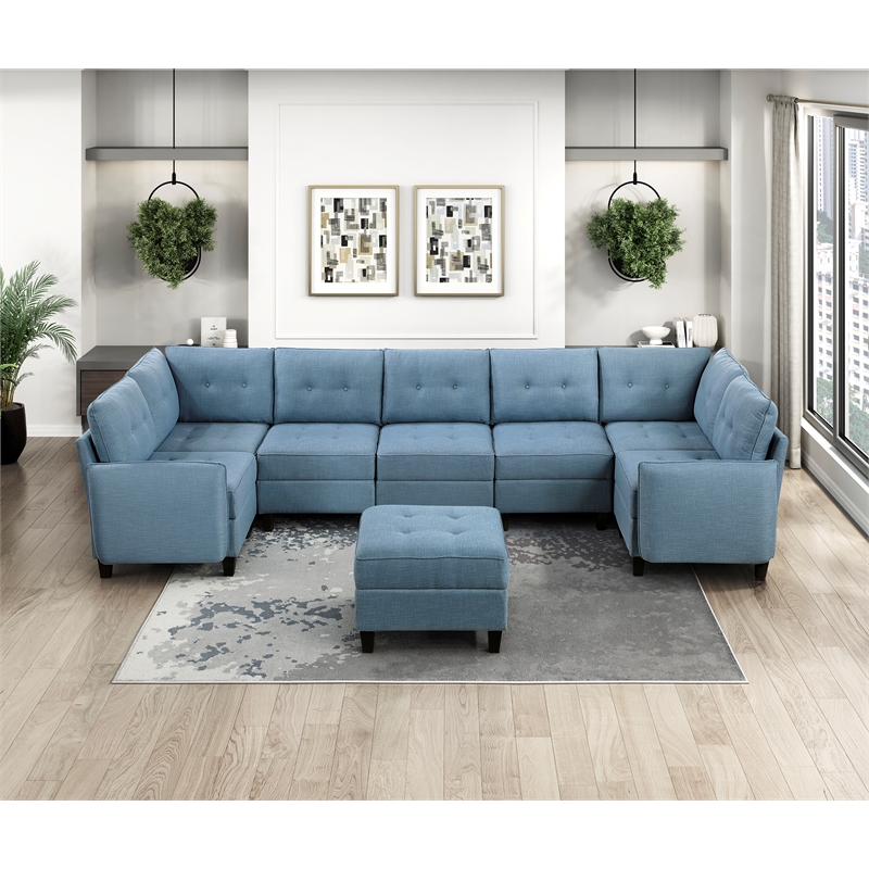 Lexicon Garren Textured 8-Piece Sectional with Storage and Ottoman in Blue
