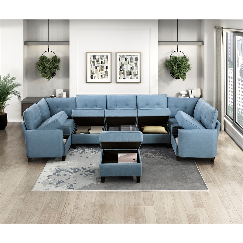 Lexicon Garren Textured 8-Piece Sectional with Storage and Ottoman in Blue