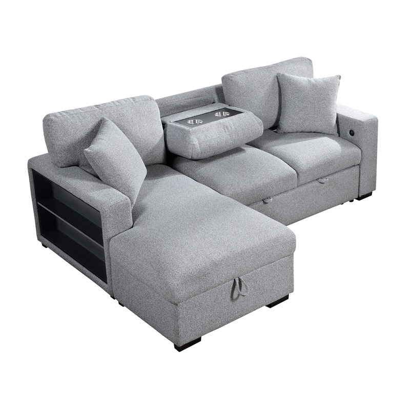 Lexicon Pompano Boucle Sectional with Left Chaise & Pull-out Bed in Gray