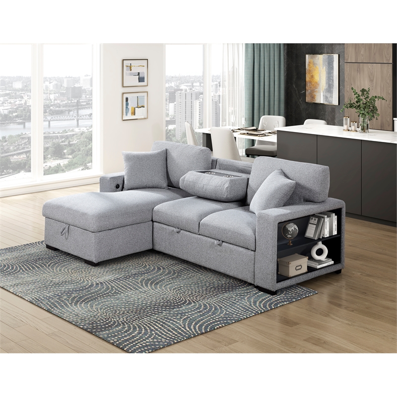 Lexicon Pompano Boucle Sectional with Left Chaise & Pull-out Bed in Gray