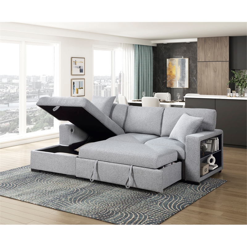 Lexicon Pompano Boucle Sectional with Left Chaise & Pull-out Bed in Gray