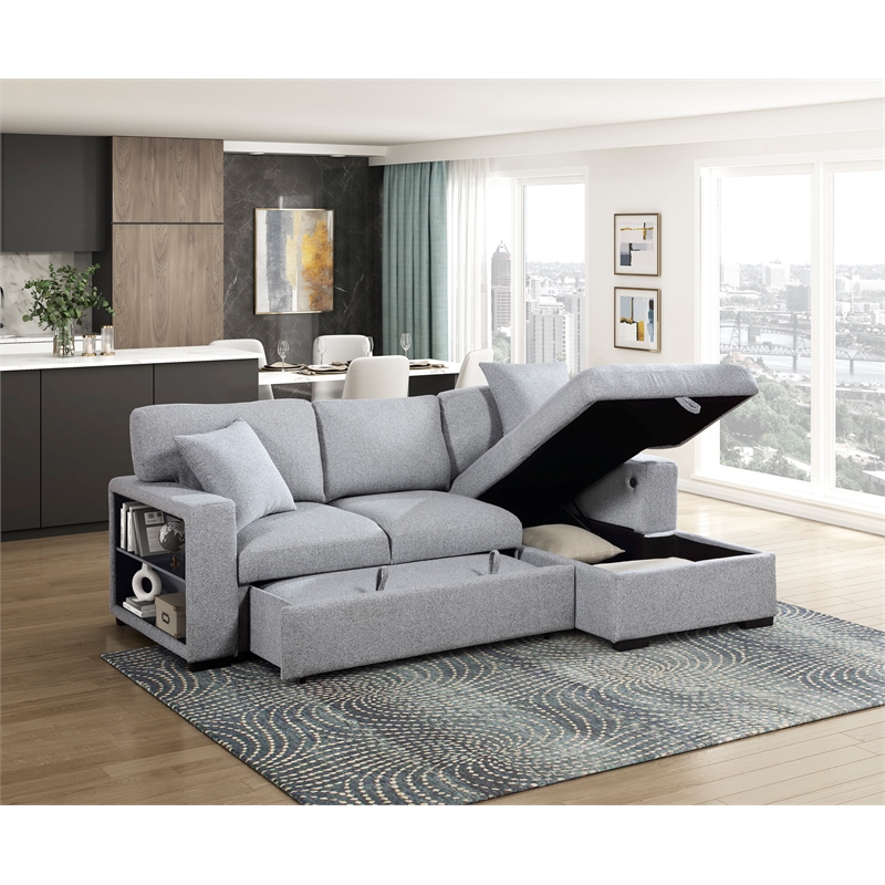 Lexicon Pompano Boucle Sectional with Right Chaise & Pull-out Bed in Gray
