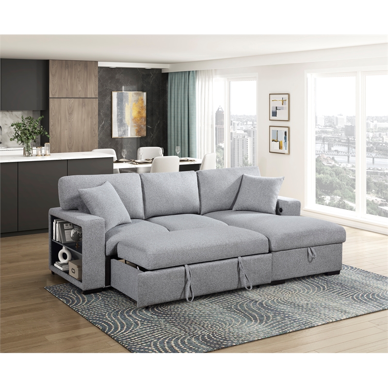 Lexicon Pompano Boucle Sectional with Right Chaise & Pull-out Bed in Gray