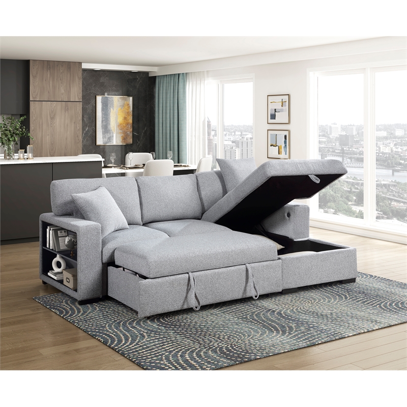 Lexicon Pompano Boucle Sectional with Right Chaise & Pull-out Bed in Gray