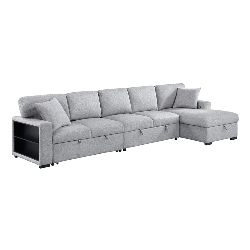 Lexicon Pompano Boucle Sectional with Right Chaise & Pull-out Bed in Gray