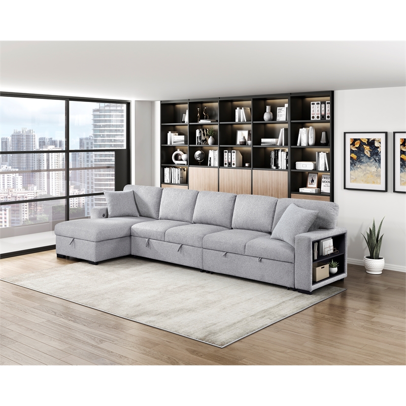 Lexicon Pompano Boucle Sectional with Left Chaise & Pull-out Bed in Gray