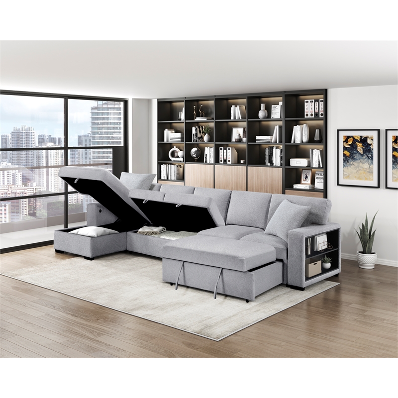 Lexicon Pompano Boucle Sectional with Left Chaise & Pull-out Bed in Gray