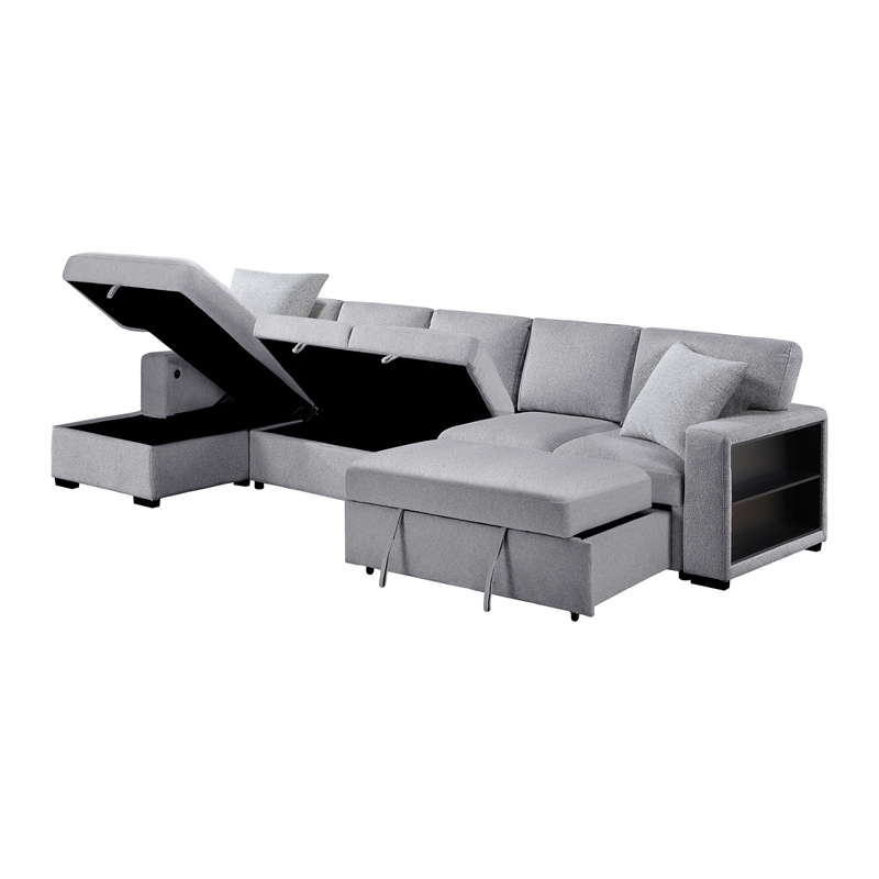Lexicon Pompano Boucle Sectional with Left Chaise & Pull-out Bed in Gray