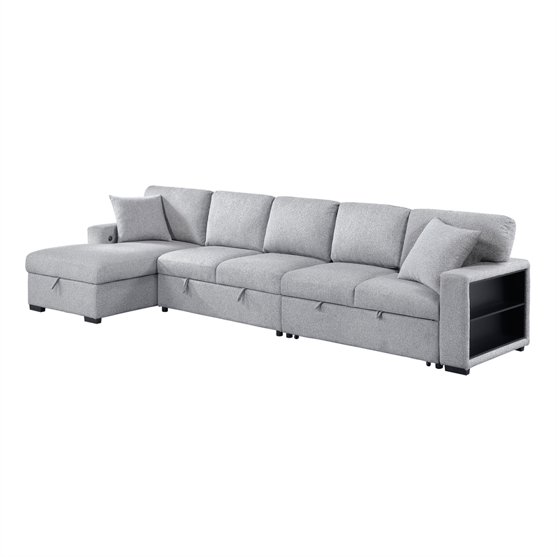 Lexicon Pompano Boucle Sectional with Left Chaise & Pull-out Bed in Gray