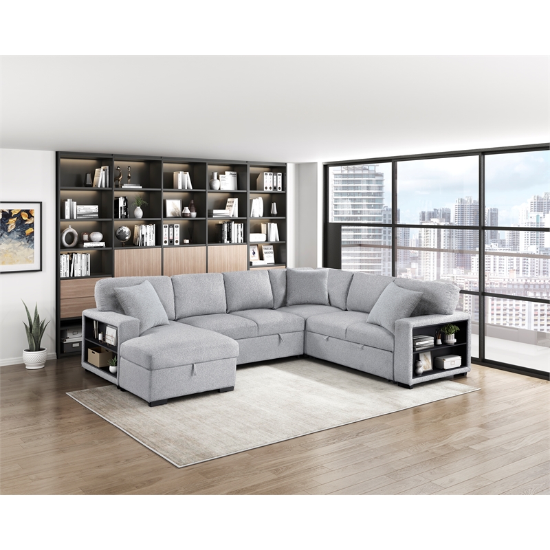 Lexicon Pompano Boucle Sectional with Left Chaise & Pull-out Bed in Gray