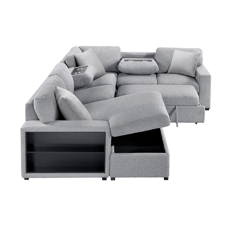 Lexicon Pompano Boucle Sectional with Left Chaise & Pull-out Bed in Gray