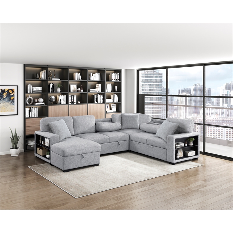 Lexicon Pompano Boucle Sectional with Left Chaise & Pull-out Bed in Gray
