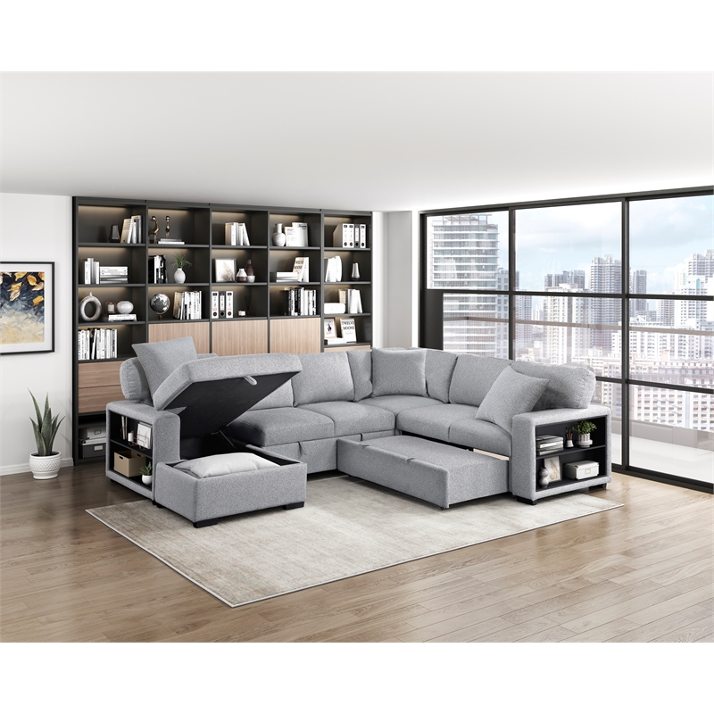 Lexicon Pompano Boucle Sectional with Left Chaise & Pull-out Bed in Gray