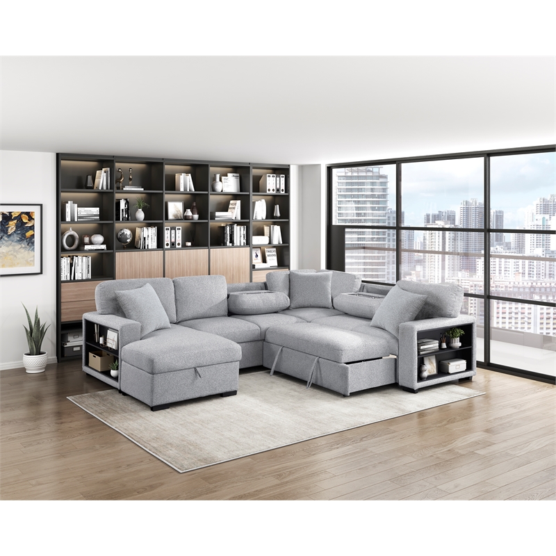 Lexicon Pompano Boucle Sectional with Left Chaise & Pull-out Bed in Gray