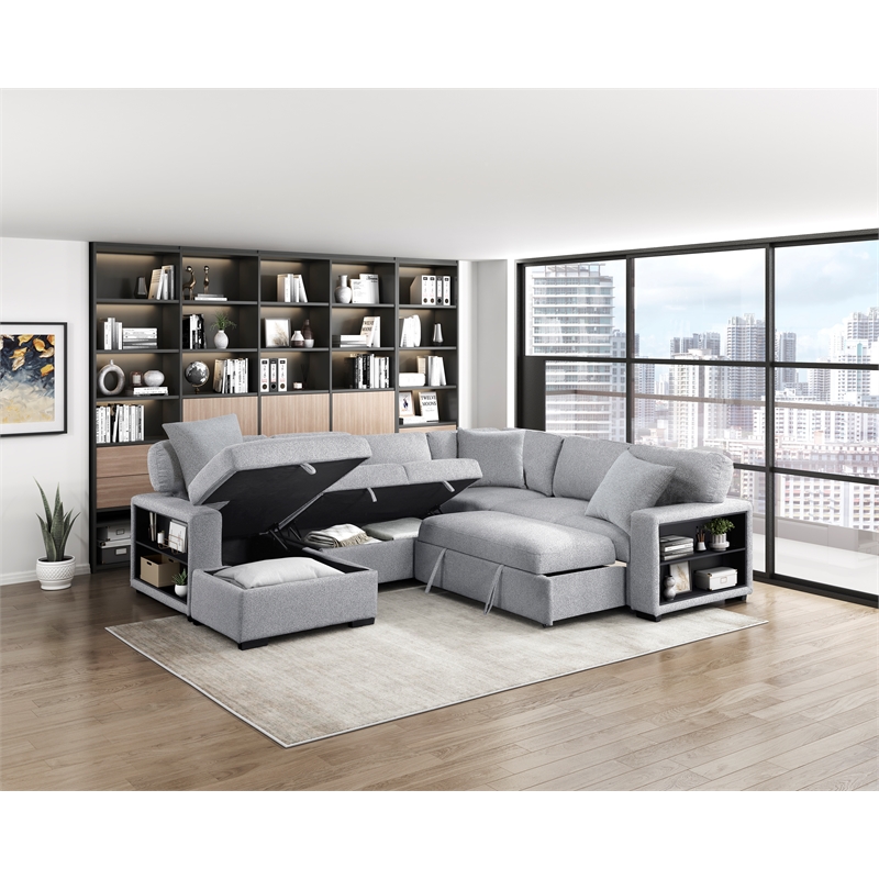 Lexicon Pompano Boucle Sectional with Left Chaise & Pull-out Bed in Gray