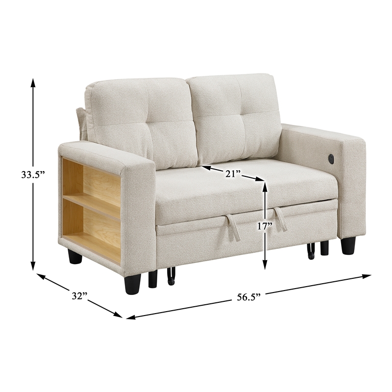Lexicon Robinson Boucle Love Seat with Pull-out Bed & Shelves in Beige
