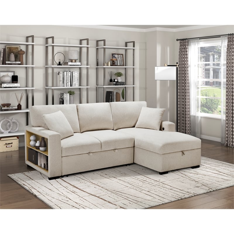 Lexicon Pompano Boucle Sectional with Right Chaise & Pull-out Bed in Beige