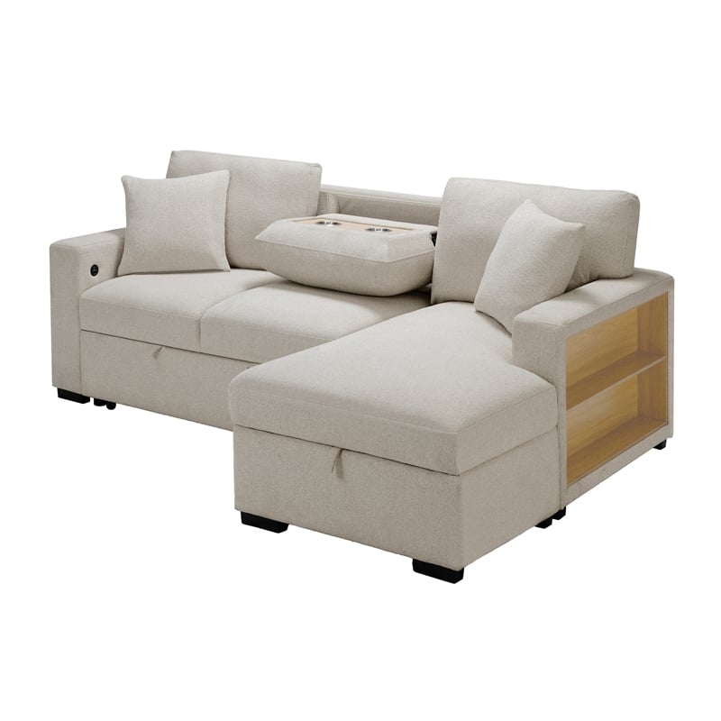 Lexicon Pompano Boucle Sectional with Right Chaise & Pull-out Bed in Beige