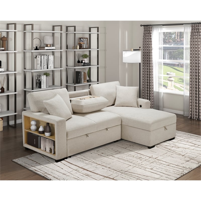 Lexicon Pompano Boucle Sectional with Right Chaise & Pull-out Bed in Beige