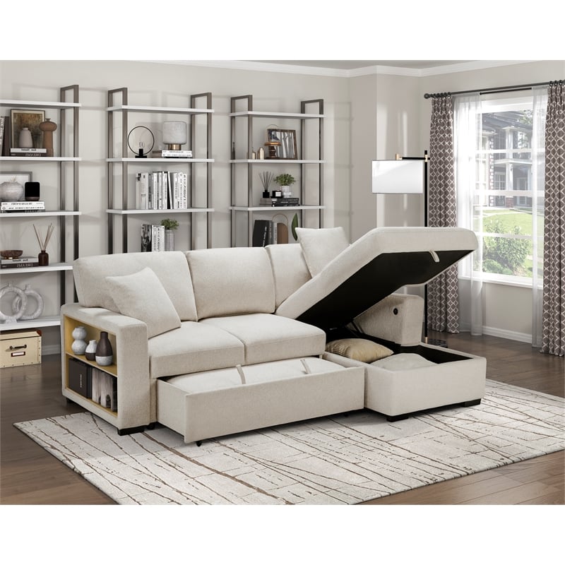 Lexicon Pompano Boucle Sectional with Right Chaise & Pull-out Bed in Beige