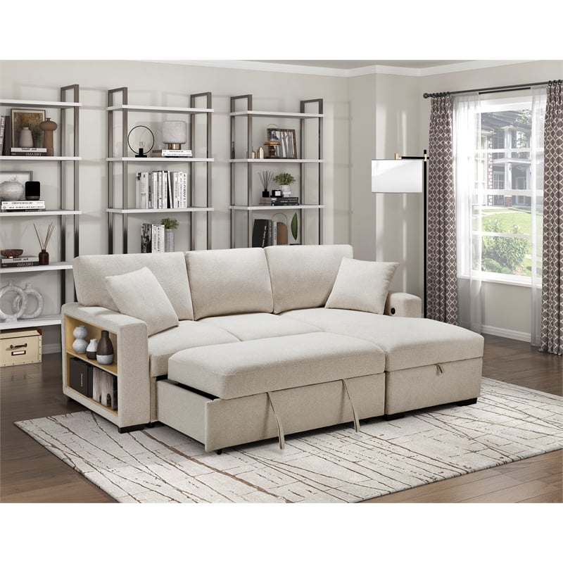 Lexicon Pompano Boucle Sectional with Right Chaise & Pull-out Bed in Beige