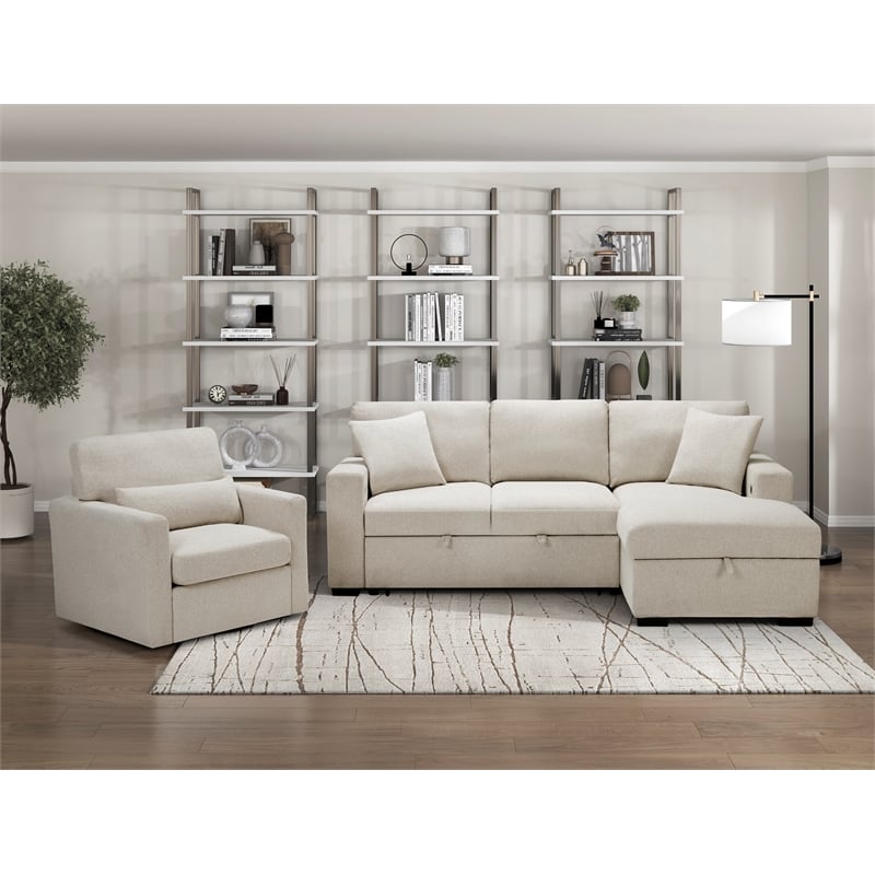 Lexicon Pompano Boucle Sectional with Right Chaise & Pull-out Bed in Beige