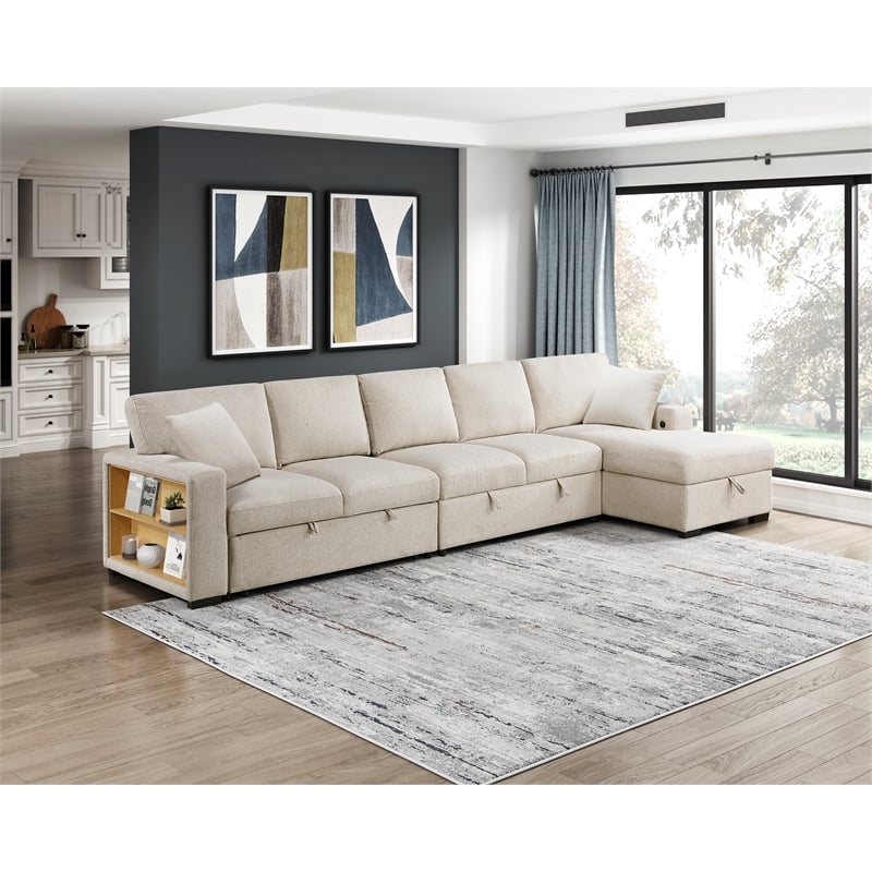 Lexicon Pompano Boucle Sectional with Right Chaise & Pull-out Bed in Beige