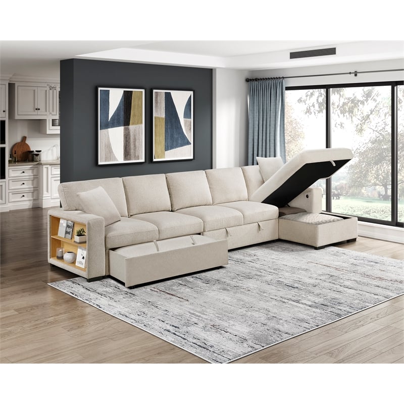 Lexicon Pompano Boucle Sectional with Right Chaise & Pull-out Bed in Beige