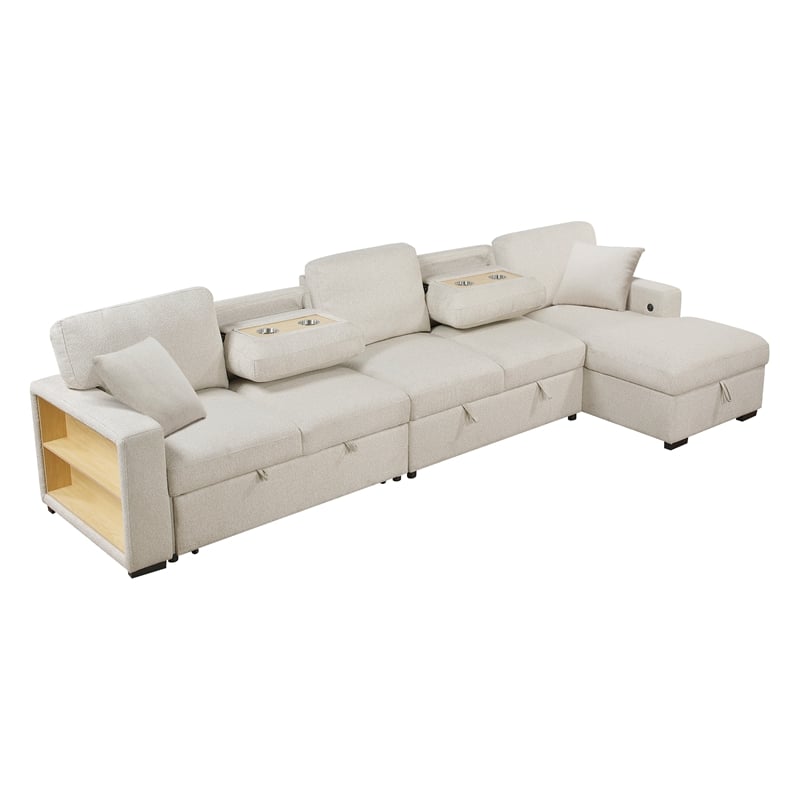 Lexicon Pompano Boucle Sectional with Right Chaise & Pull-out Bed in Beige