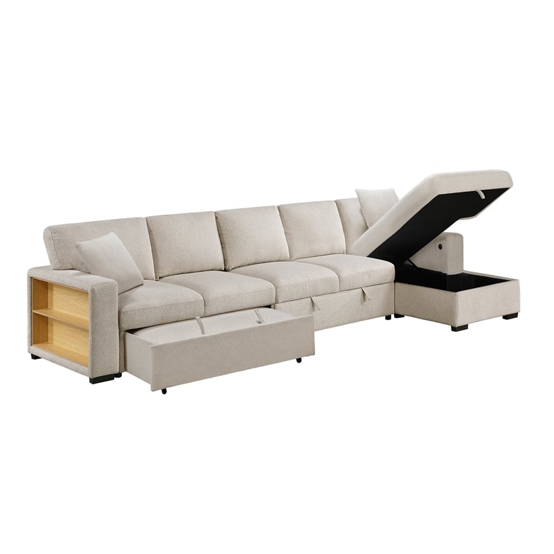 Lexicon Pompano Boucle Sectional with Right Chaise & Pull-out Bed in Beige