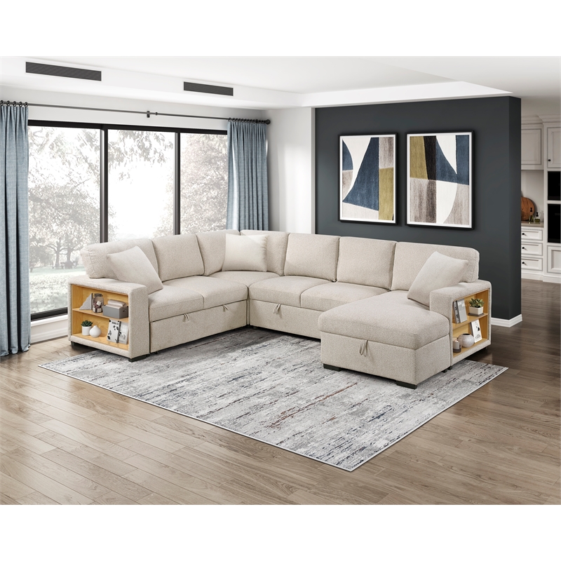 Lexicon Pompano Boucle Sectional with Right Chaise & Pull-out Bed in Beige
